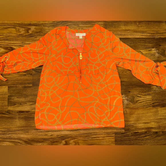 MICHAEL KORS ZINNIA Orange Gold Chain Print Blouse size M - Picture 12 of 12